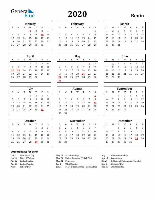 2020 Benin Holiday Calendar - Sunday Start