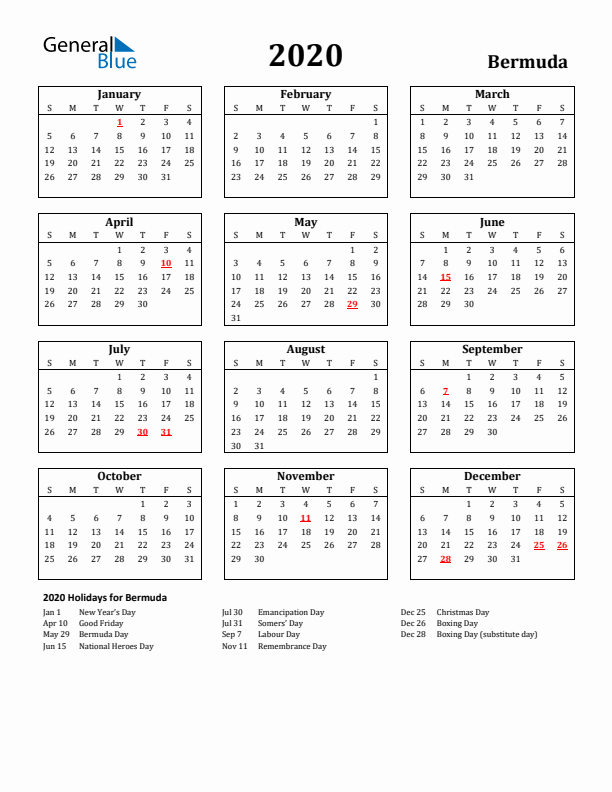 2020 Bermuda Holiday Calendar - Sunday Start