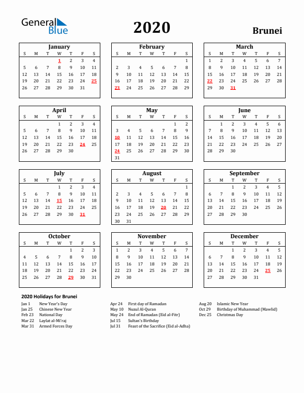 2020 Brunei Holiday Calendar - Sunday Start