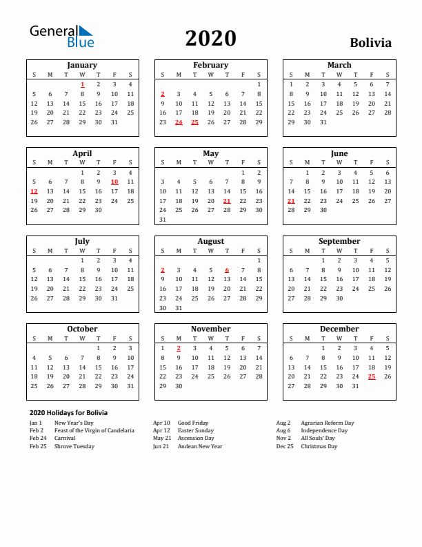 2020 Bolivia Holiday Calendar - Sunday Start