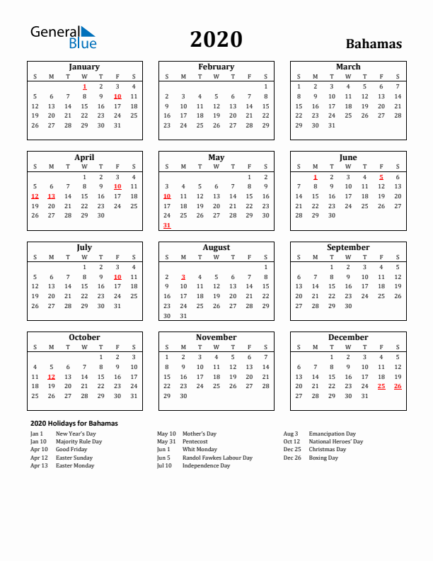 2020 Bahamas Holiday Calendar - Sunday Start