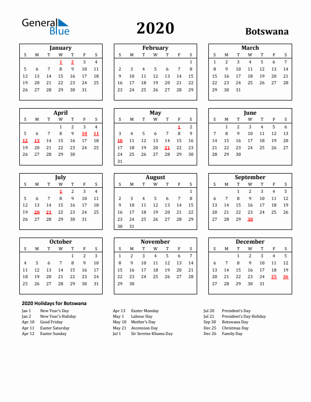 2020 Botswana Holiday Calendar - Sunday Start