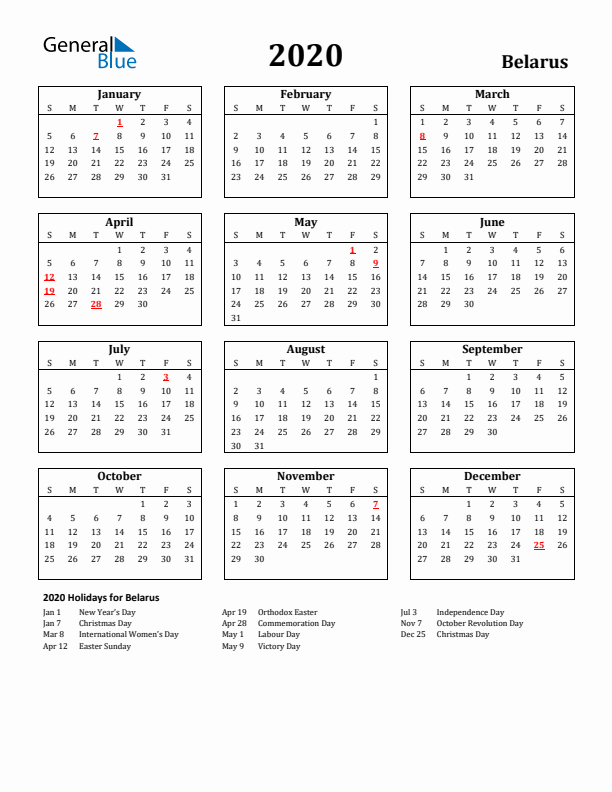 2020 Belarus Holiday Calendar - Sunday Start