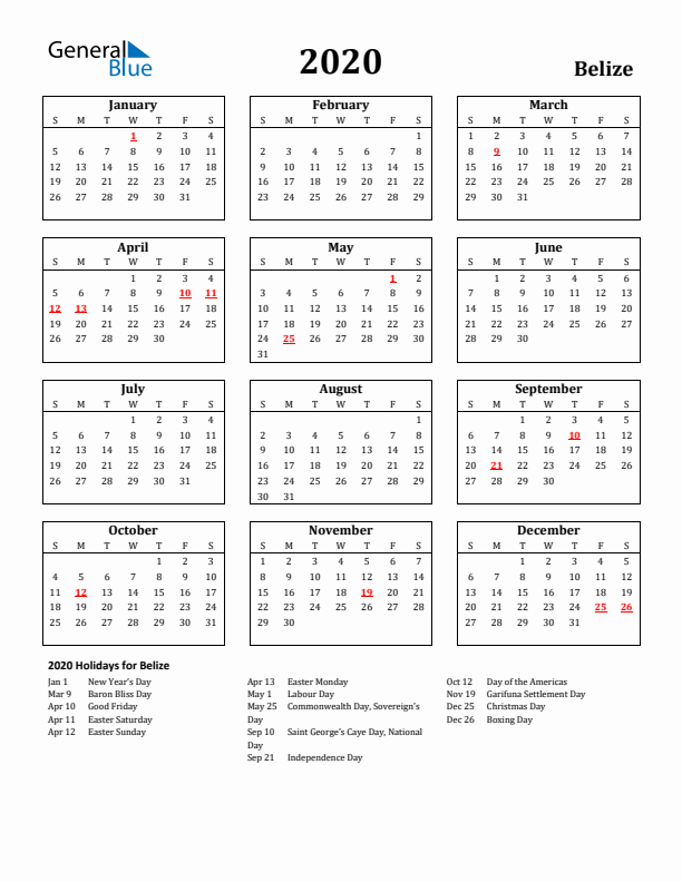 2020 Belize Holiday Calendar - Sunday Start