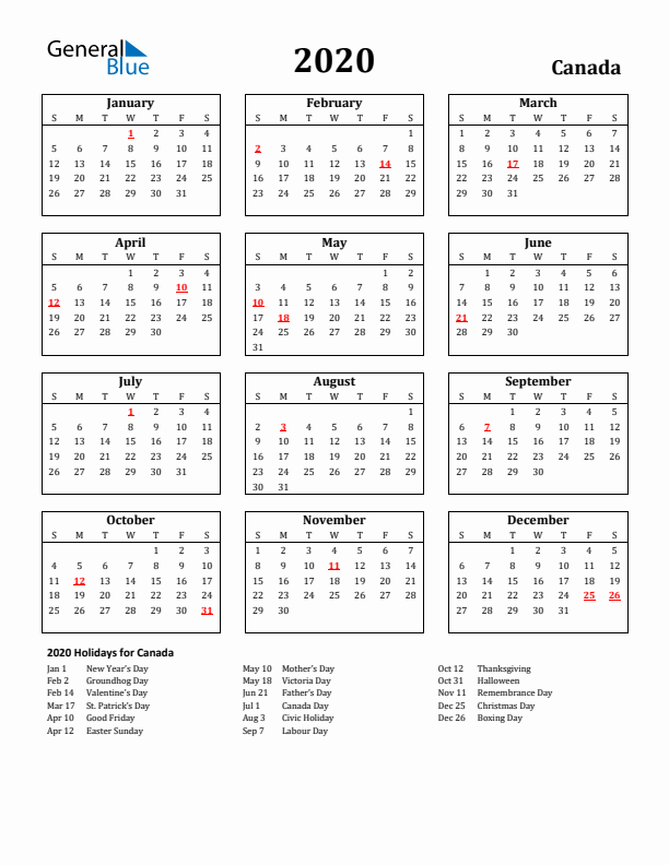 2020 Canada Holiday Calendar - Sunday Start