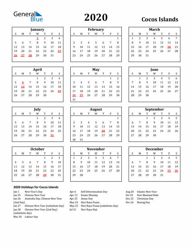 2020 Cocos Islands Holiday Calendar - Sunday Start