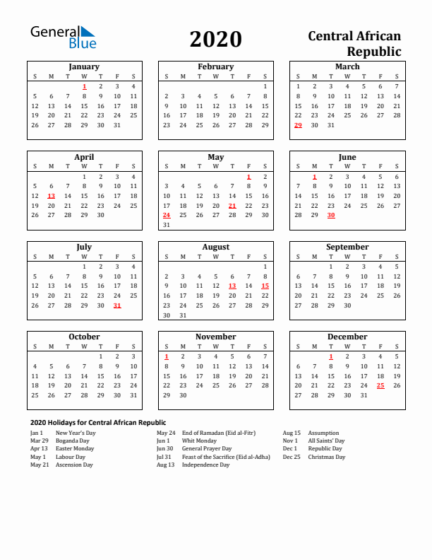 2020 Central African Republic Holiday Calendar - Sunday Start