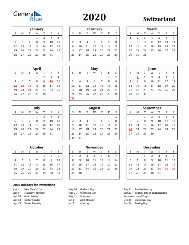 2020 Switzerland Holiday Calendar - Sunday Start