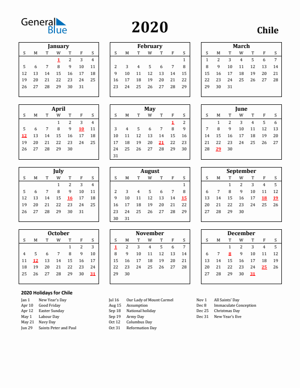 2020 Chile Holiday Calendar - Sunday Start