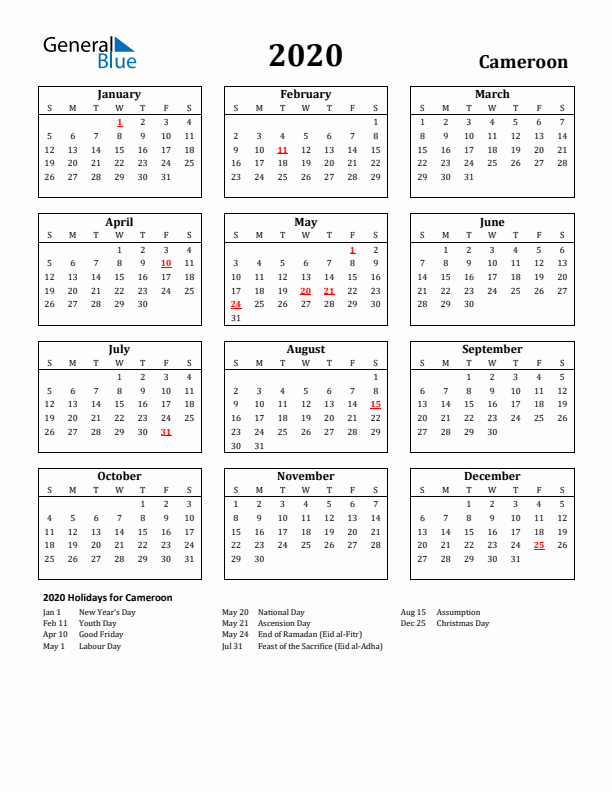 2020 Cameroon Holiday Calendar - Sunday Start