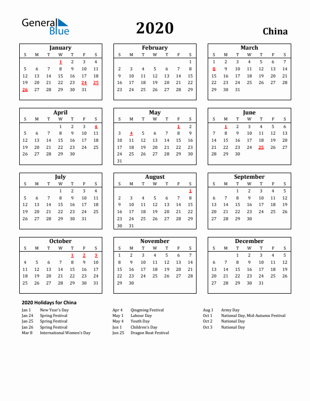 2020 China Holiday Calendar - Sunday Start