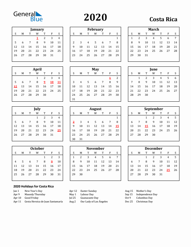 2020 Costa Rica Holiday Calendar - Sunday Start
