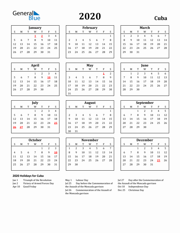 2020 Cuba Holiday Calendar - Sunday Start