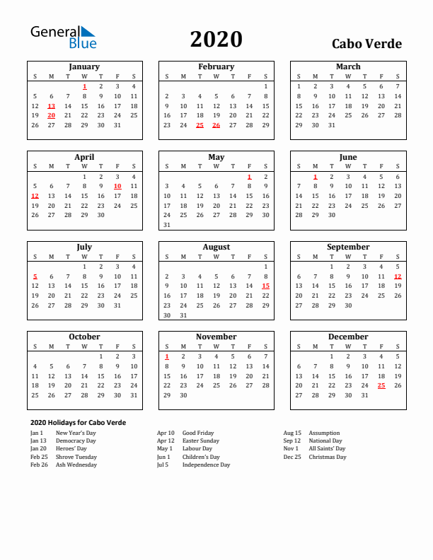 2020 Cabo Verde Holiday Calendar - Sunday Start
