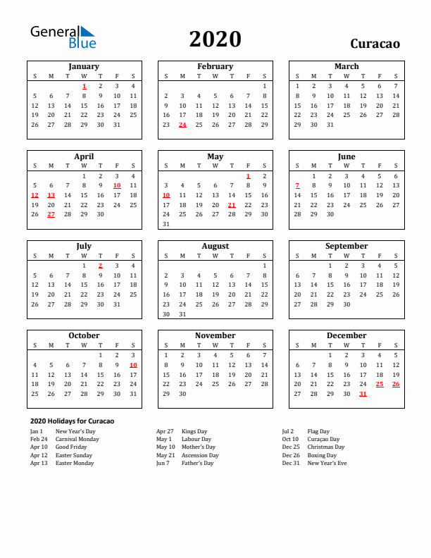 2020 Curacao Holiday Calendar - Sunday Start