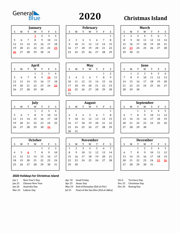 2020 Christmas Island Holiday Calendar - Sunday Start