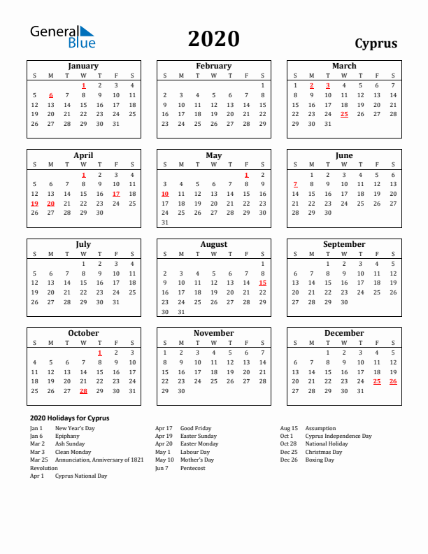 2020 Cyprus Holiday Calendar - Sunday Start
