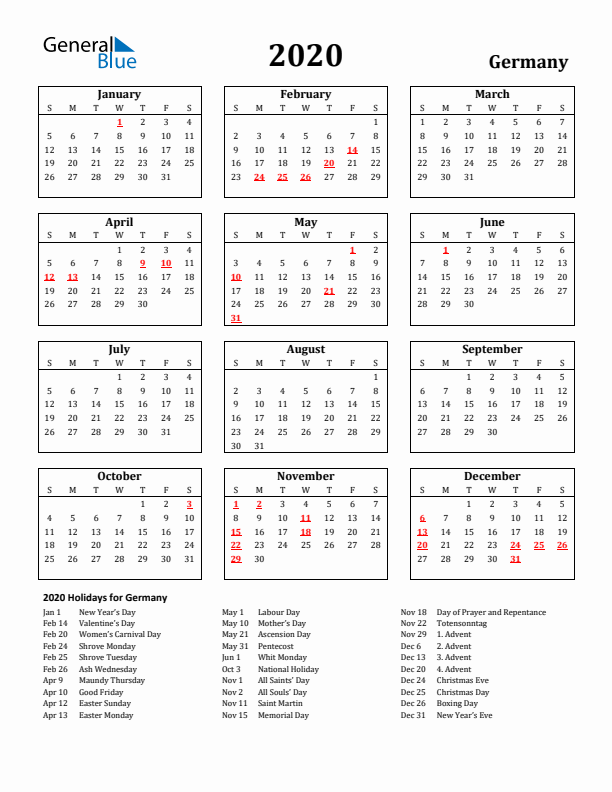 2020 Germany Holiday Calendar - Sunday Start