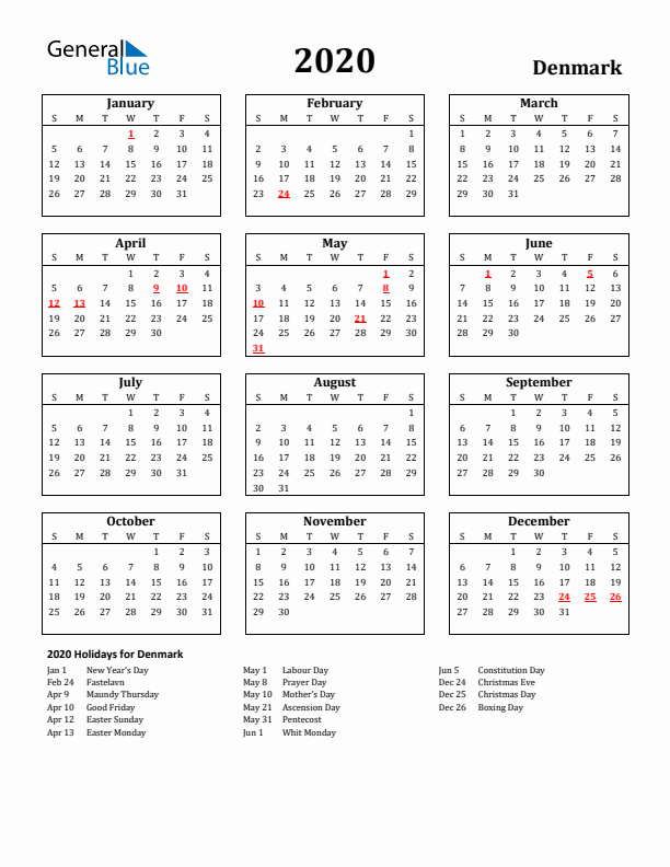 2020 Denmark Holiday Calendar - Sunday Start