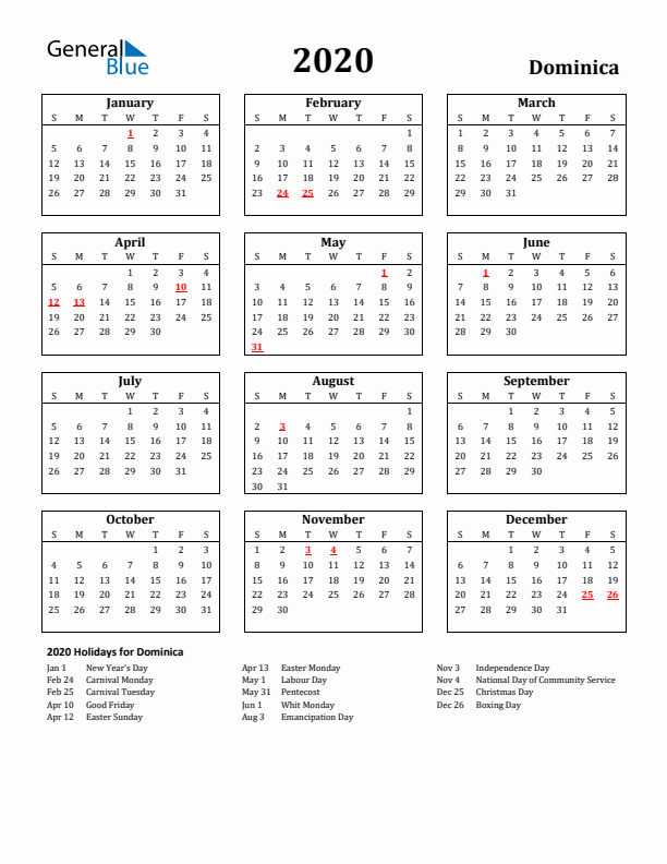 2020 Dominica Holiday Calendar - Sunday Start
