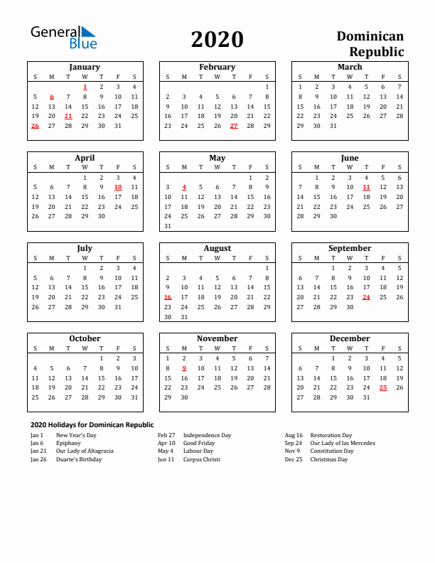 2020 Dominican Republic Holiday Calendar - Sunday Start
