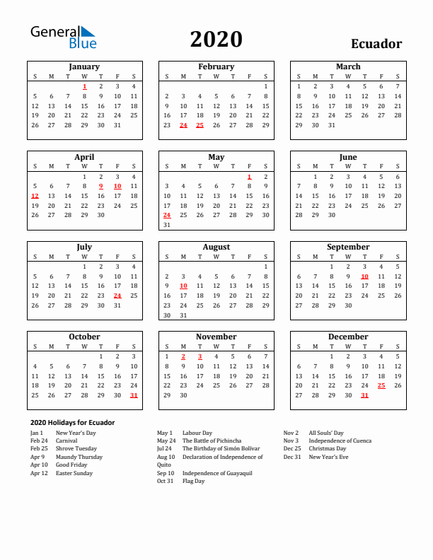 2020 Ecuador Holiday Calendar - Sunday Start