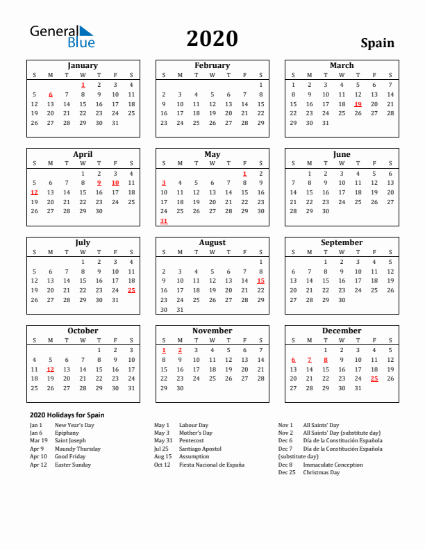 2020 Spain Holiday Calendar - Sunday Start