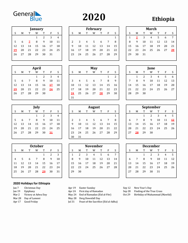 2020 Ethiopia Holiday Calendar - Sunday Start