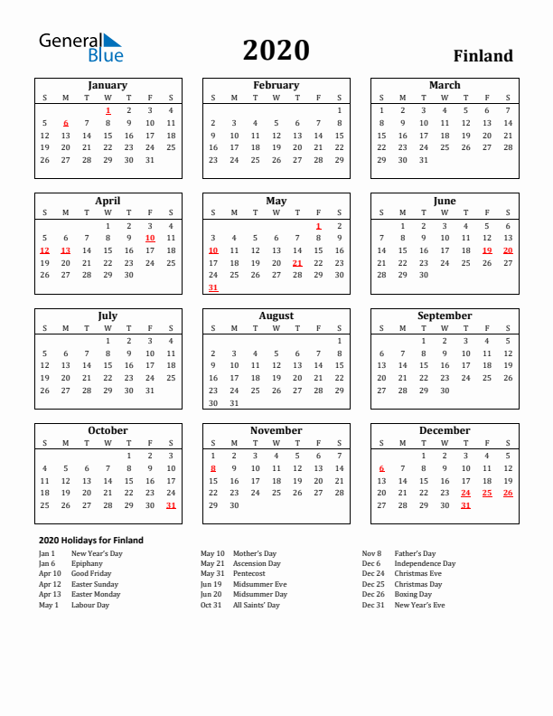 2020 Finland Holiday Calendar - Sunday Start