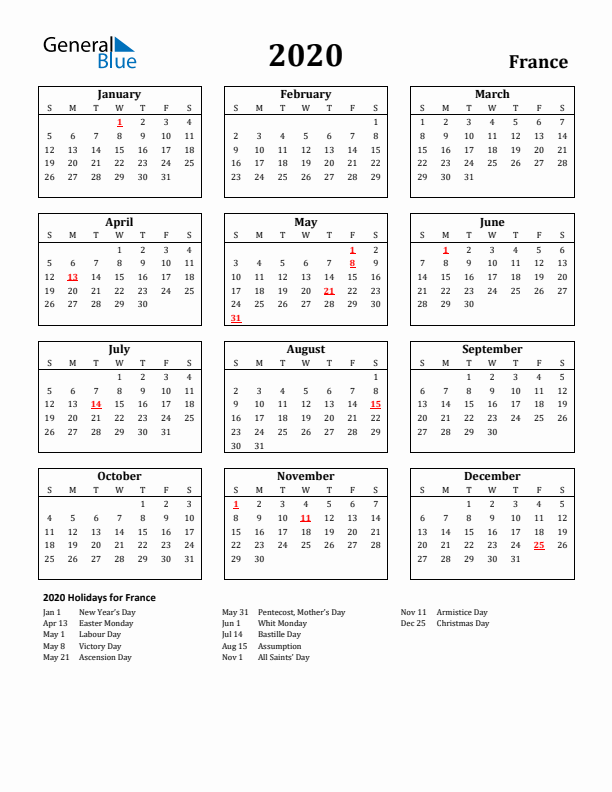 2020 France Holiday Calendar - Sunday Start