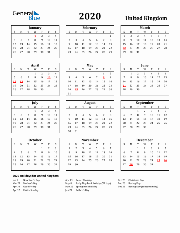 2020 United Kingdom Holiday Calendar - Sunday Start