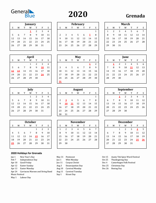 2020 Grenada Holiday Calendar - Sunday Start