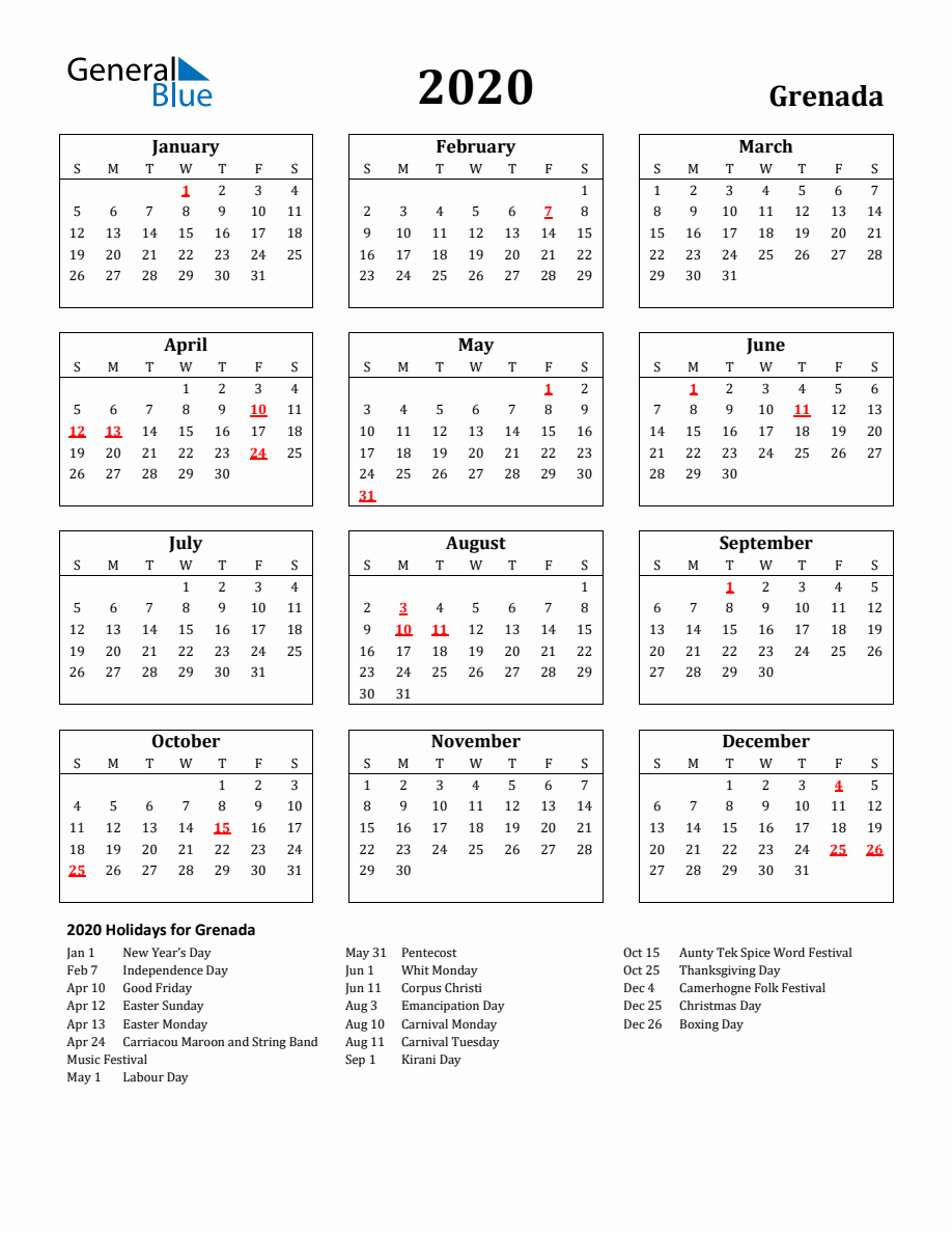 Free Printable 2020 Grenada Holiday Calendar