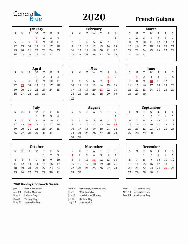 2020 French Guiana Holiday Calendar - Sunday Start