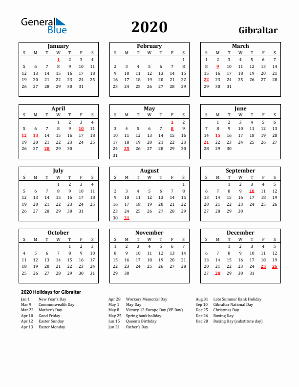 2020 Gibraltar Holiday Calendar - Sunday Start