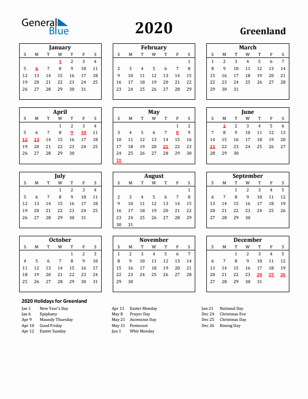 2020 Greenland Holiday Calendar - Sunday Start