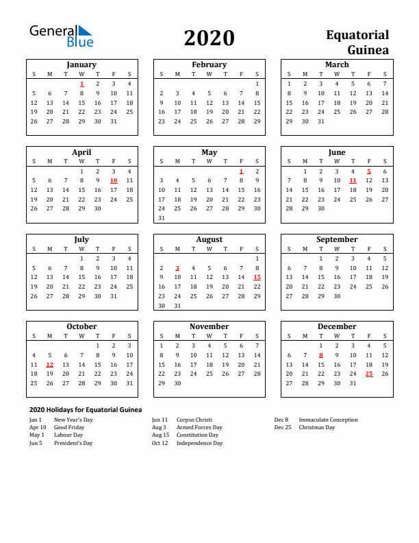 2020 Equatorial Guinea Holiday Calendar - Sunday Start