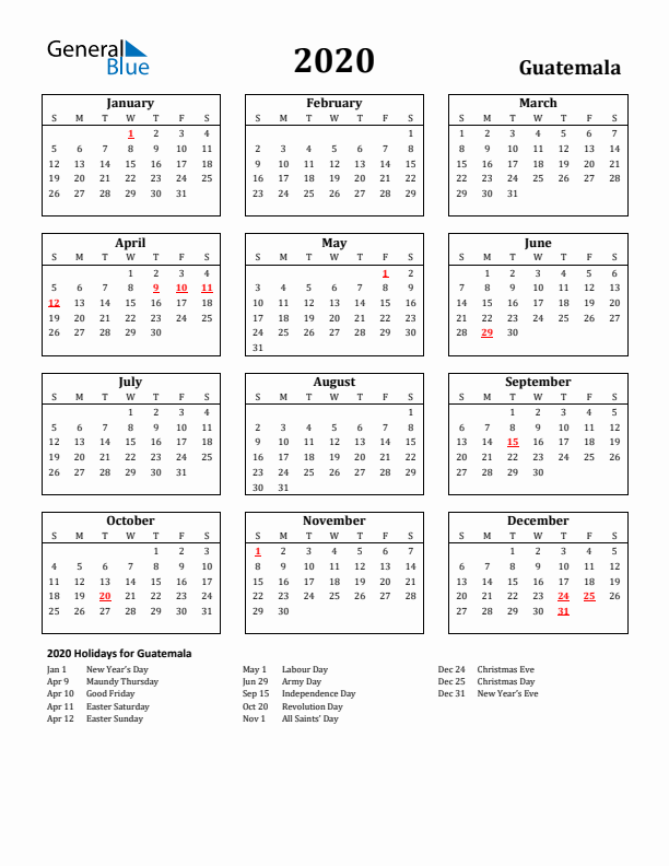 2020 Guatemala Holiday Calendar - Sunday Start