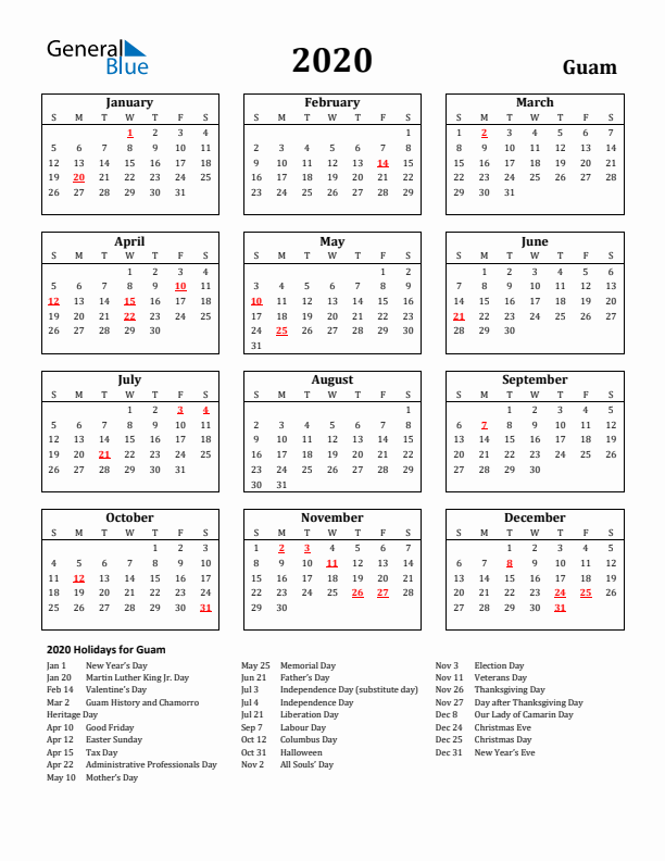 2020 Guam Holiday Calendar - Sunday Start
