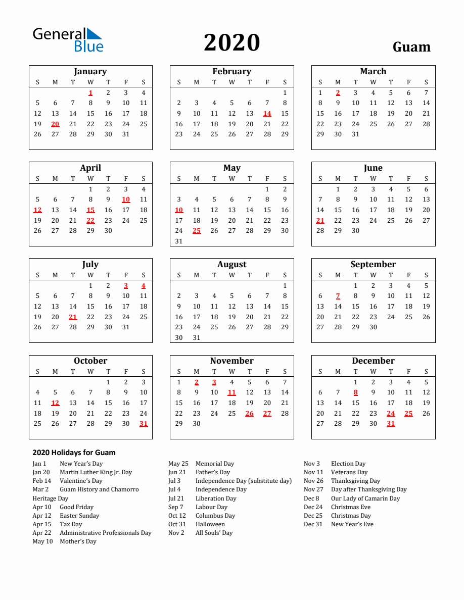 Free Printable 2020 Guam Holiday Calendar