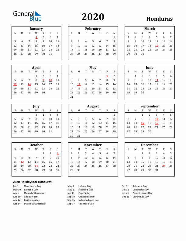 2020 Honduras Holiday Calendar - Sunday Start