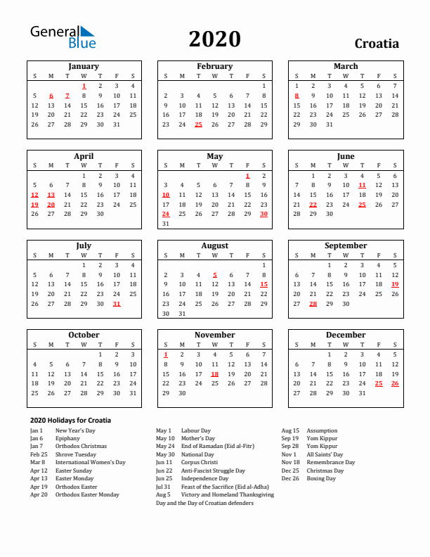 2020 Croatia Holiday Calendar - Sunday Start