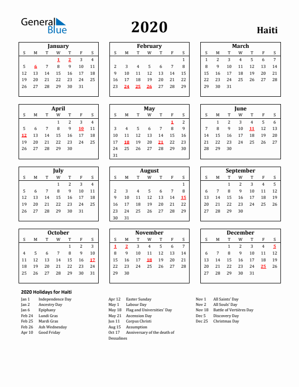 2020 Haiti Holiday Calendar - Sunday Start