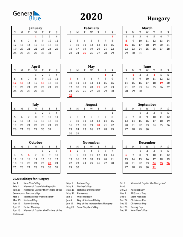 2020 Hungary Holiday Calendar - Sunday Start