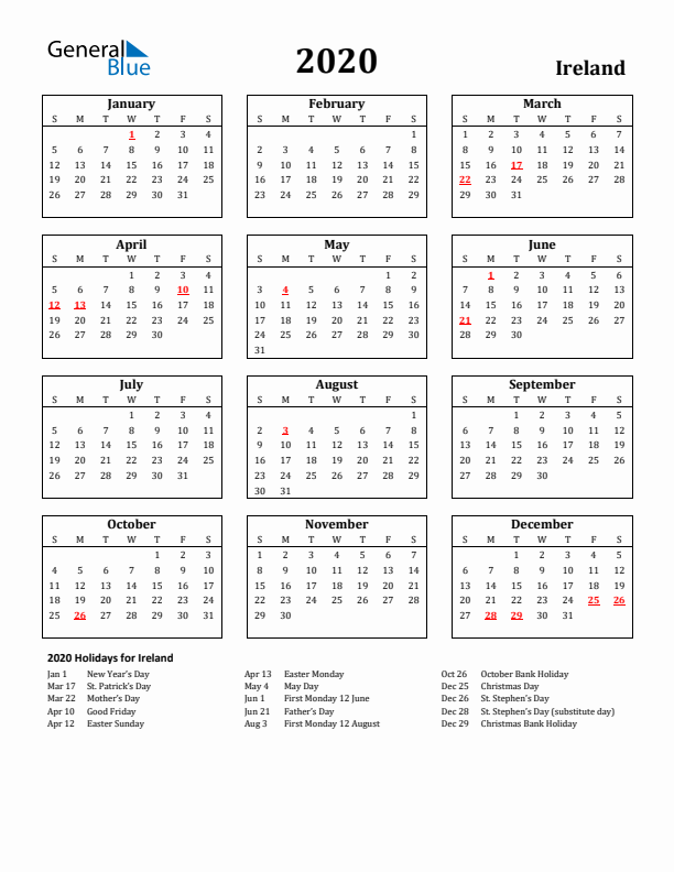 2020 Ireland Holiday Calendar - Sunday Start