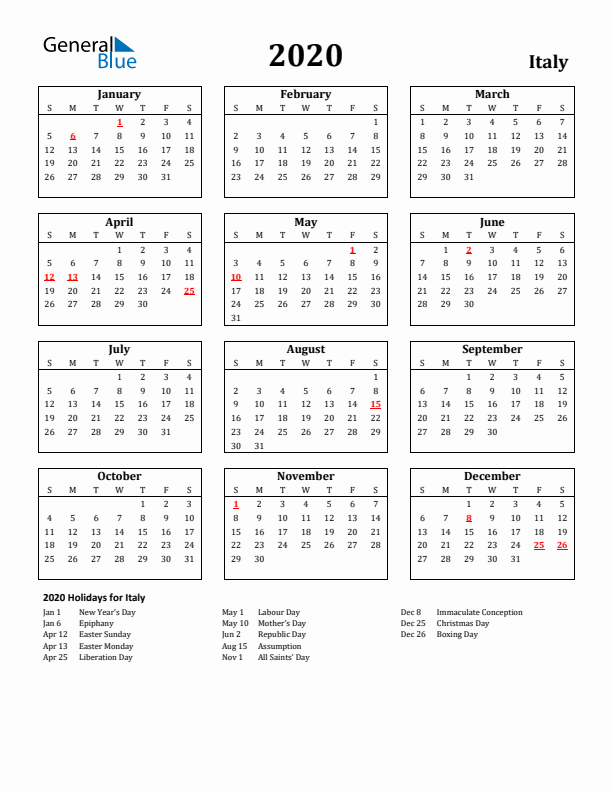 2020 Italy Holiday Calendar - Sunday Start