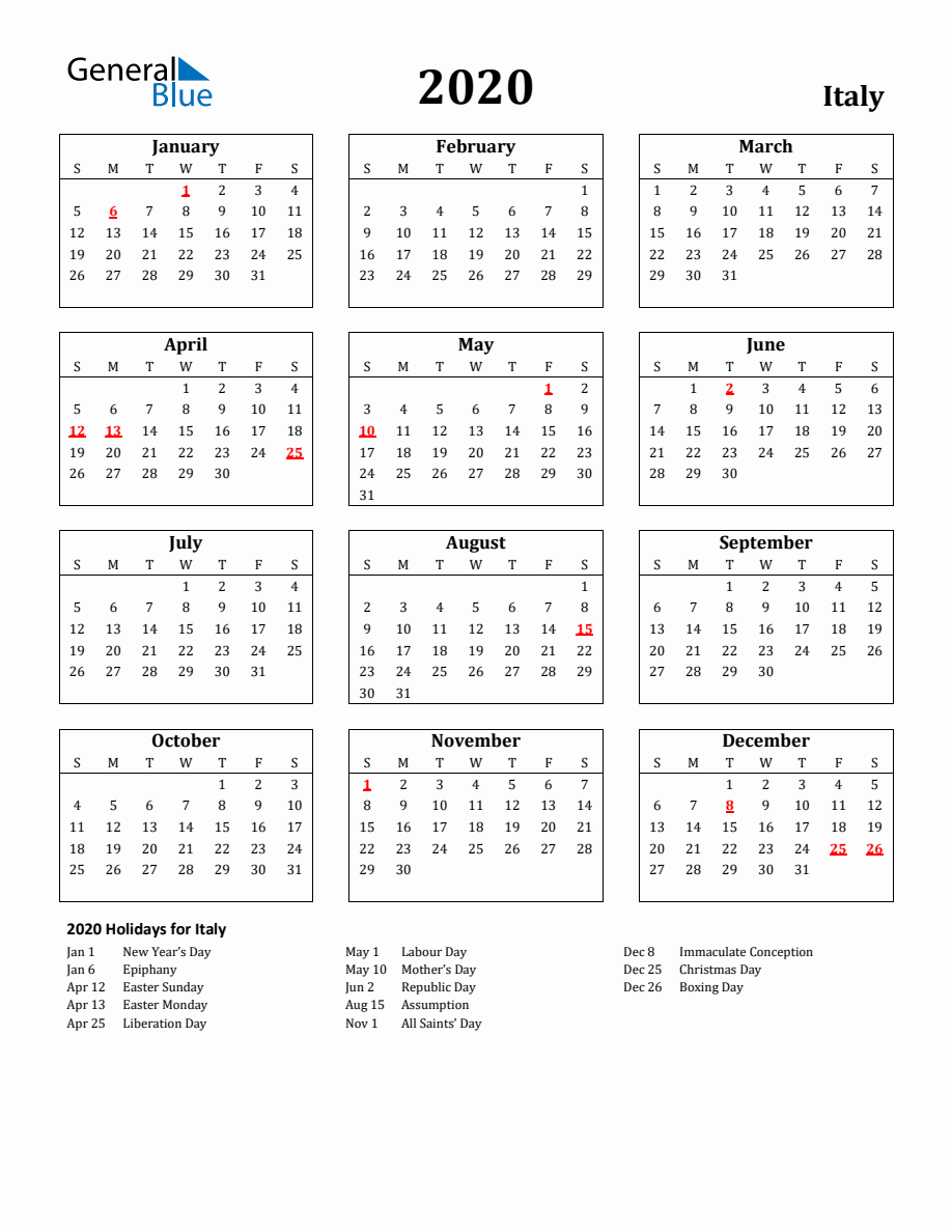 Free Printable 2020 Italy Holiday Calendar