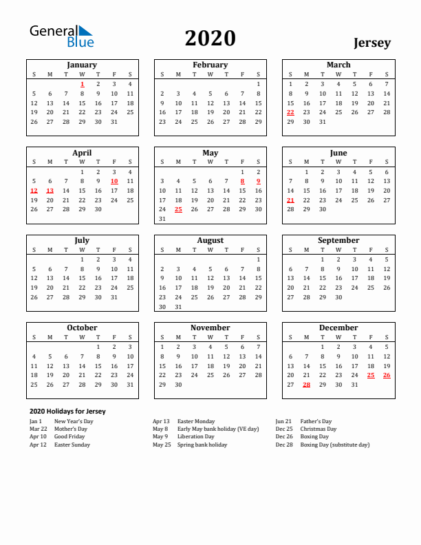 2020 Jersey Holiday Calendar - Sunday Start