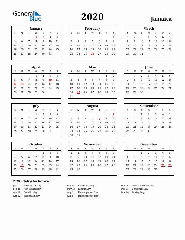 2020 Jamaica Holiday Calendar - Sunday Start