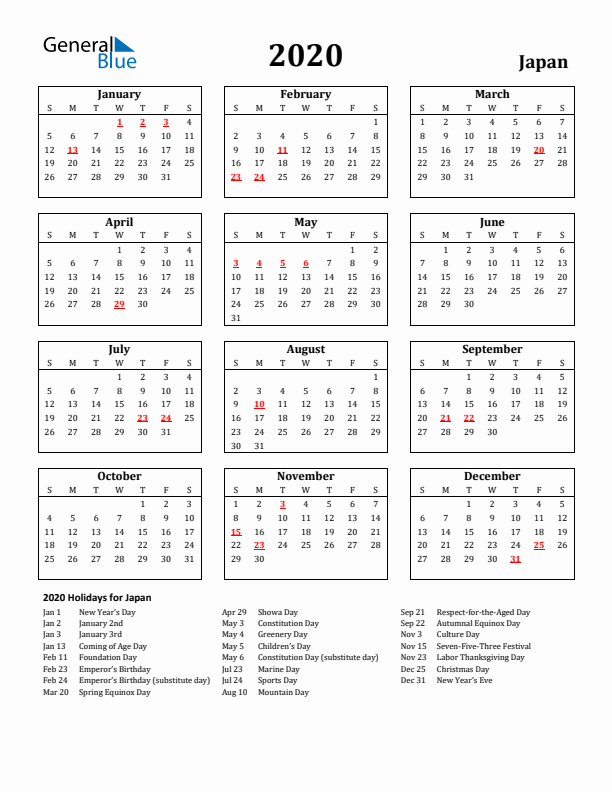 2020 Japan Holiday Calendar - Sunday Start
